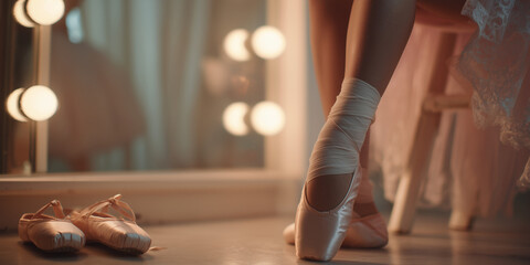 Ballet dancer preparing to perform with a bad leg in soft lighting backstage