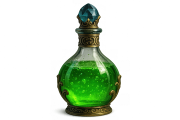 Green magic potion bubbling in an ornate glass bottle with a blue gemstone stopper, isolated on transparent background
