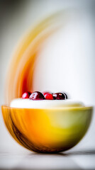 Fototapeta premium Bowl of yogurt with cherries in motion on soft background 