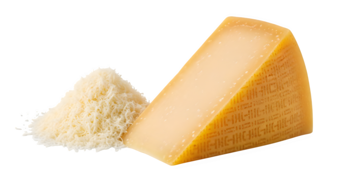 Parmesan cheese wedge and grated parmesan cheese perfect for italian pasta and cooking gourmet food dish on transparent background