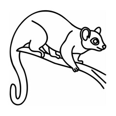 Black line art opossum on a branch with curved tail