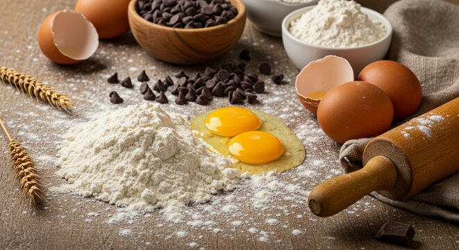 Baking ingredients, including flour, eggs, and chocolate chips, are arranged on a rustic surface, ready for use.