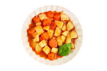 Stewed potatoes with carrots vegetarian side dish fresh delicious gourmet food background on the table rustic food top view copy space keto and paleo diet vegan food