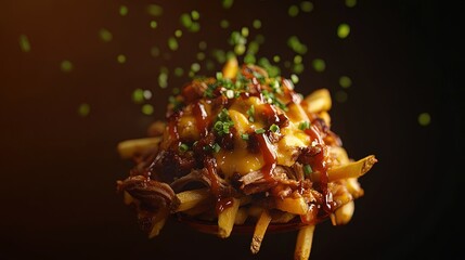 A stylized loaded BBQ pulled pork fries appears suspended in time against a solid BBQ brown background. The crispy fries, tender pulled pork, and melted cheese are highlighted