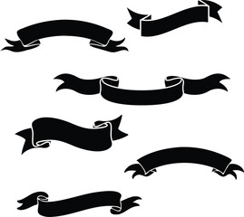 A collection of seven black banner shapes with varying designs on a white background layout design element