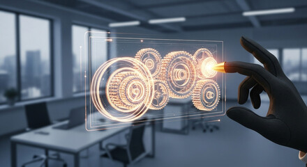 Hand interacting with holographic gears display in a modern office environment setting indoors