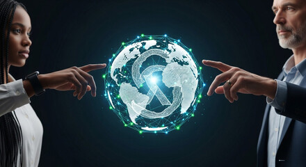 Two people interacting with a digital globe and recycle symbol on a dark background in a studio shot