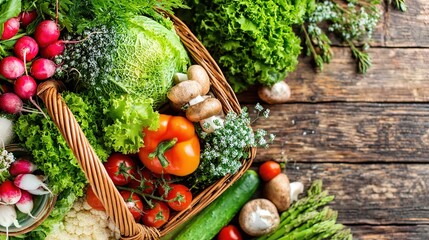 Fresh vegetables in a woven basket, a vibrant display of natural abundance and healthy living