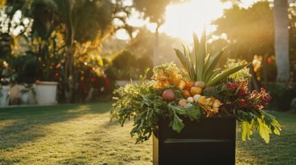 Fototapeta premium Fresh garden bounty in a planter, vibrant vegetables and herbs, outdoor display in sunlight