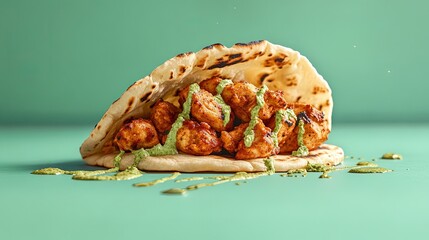 A stylized chicken tikka wrap appears suspended in time against a solid mint chutney green background. The spiced chicken and soft naan are highlighted, with a drizzle of mint chutney