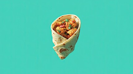 A stylized chicken tikka wrap appears suspended in time against a solid mint chutney green background. The spiced chicken and soft naan are highlighted, with a drizzle of mint chutney 