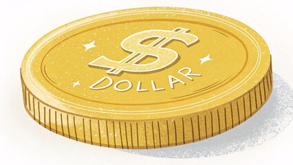 Stylized golden dollar coin with a prominent dollar sign and the word dollar