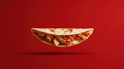 chicken quesadilla appears suspended in time against a solid salsa red background. The melted cheese, grilled chicken, and crispy tortilla are highlighted, with a side of salsa and sour cream