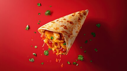 chicken quesadilla appears suspended in time against a solid salsa red background. The melted cheese, grilled chicken, and crispy tortilla are highlighted, with a side of salsa and sour cream