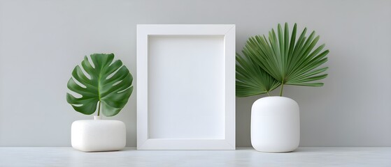 Minimalist decor with plants and a blank frame
