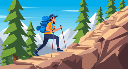 Fit woman hiking uphill on rocky mountain path with trekking poles and backpack surrounded by pine trees and snow-capped peaks under a clear blue sky