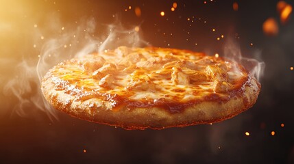 A stylized BBQ chicken pizza appears suspended in time against a solid BBQ brown background. The smoky chicken, tangy BBQ sauce, and melted cheese are highlighted, with a crispy crust