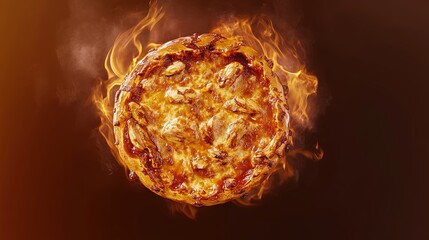 A stylized BBQ chicken pizza appears suspended in time against a solid BBQ brown background. The smoky chicken, tangy BBQ sauce, and melted cheese are highlighted, with a crispy crust