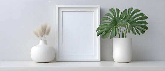 Minimalist decor with plants and empty frame on shelf