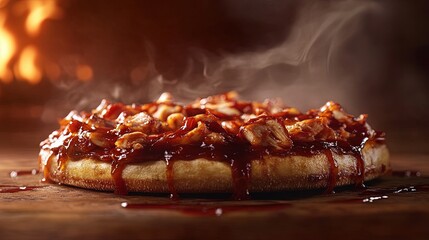 A stylized BBQ chicken pizza appears suspended in time against a solid BBQ brown background. The smoky chicken, tangy BBQ sauce, and melted cheese are highlighted, with a crispy crust