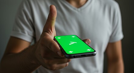Man Shows Smartphone with Green Screen, Giving a Thumbs Up