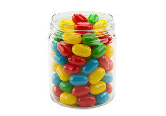 Top view of a glass jar filled with colorful jelly beans isolated on transparent background