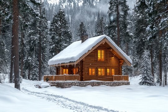 Cozy log cabin nestled in a snowy forest.  Warm interior light spills out