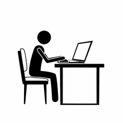 Stick figure typing on a laptop computer at a desk illustration