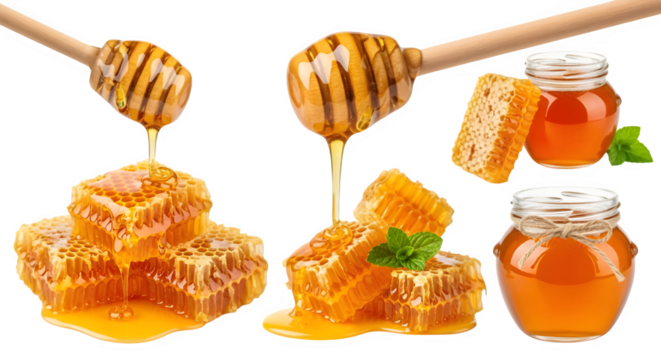 Honeycomb honey jar dripping honey dipper sweet organic natural food delicious healthy golden product on transparent background