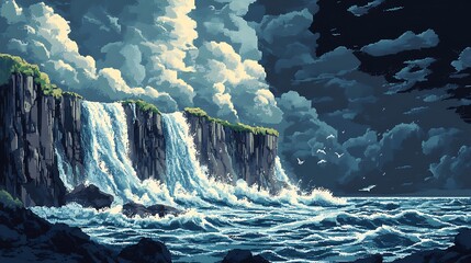 Waterfall Cliff Scene: An epic scene unfolds as a cascading waterfall plunges from a towering cliff, with the water crashing into the sea, captured in this pixel style illustration. 