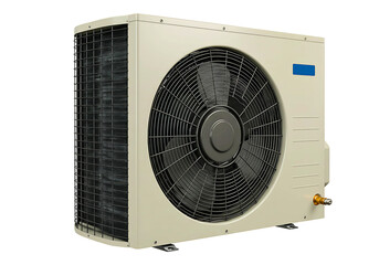 Modern beige air conditioner outdoor unit with large fan isolated on transparent background