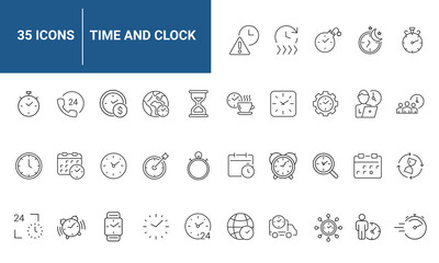 Time and Clock set of web icons in line style. Time management. Timer, Speed, Date, Countdown, Alarm, Recovery, Time, clock, watch, calendar simple icons for web and mobile app. Vector illustration