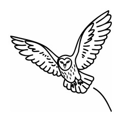Black and white owl in flight with outstretched wings on white background