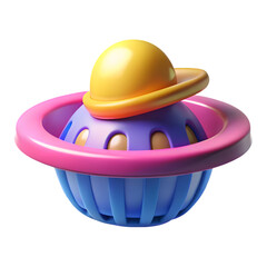 Fototapeta premium Whimsical 3d rendered alien spaceship toy with a yellow hat isolated on transparent background