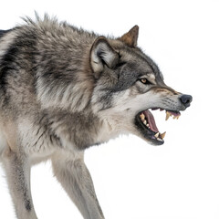 Obraz premium Profile view of a snarling grey wolf, its teeth bared, isolated on transparent background