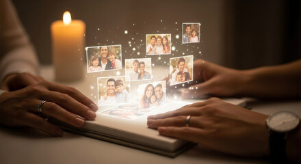 Hands over a photo album with floating family pictures and a candle in a softly lit environment