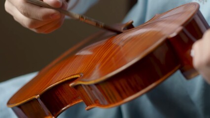 Skilled luthier crafting violin, carefully selecting specialized tools and meticulously joining...
