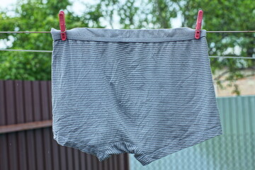 one mens gray striped fashion elastic stylish clean washed nylon worn underwear underpants hanging on wire with red plastic clothespins day outside