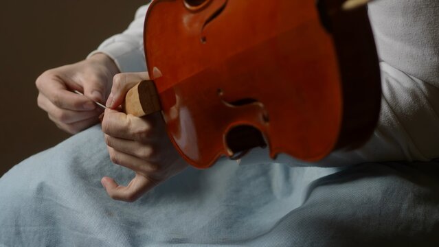 Skilled luthier crafting violin, carefully selecting specialized tools and meticulously joining delicate wooden components in traditional workshop setting