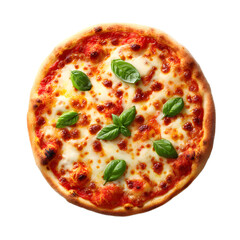 Overhead Shot Of A Delectable Margherita Pizza Freshly Baked With Basil Leaves On A White Surface
