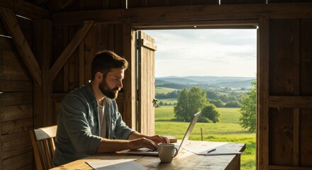 Man Working on Laptop Inside Rustic Wooden Cabin with Scenic Green Landscape View