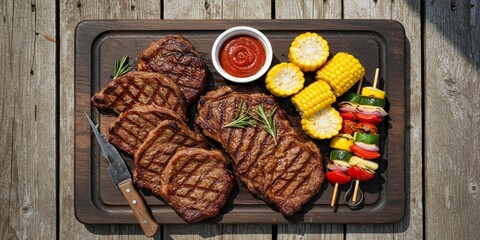 Grilled steaks, corn, and vegetable skewers are arranged on a wooden board with ketchup.