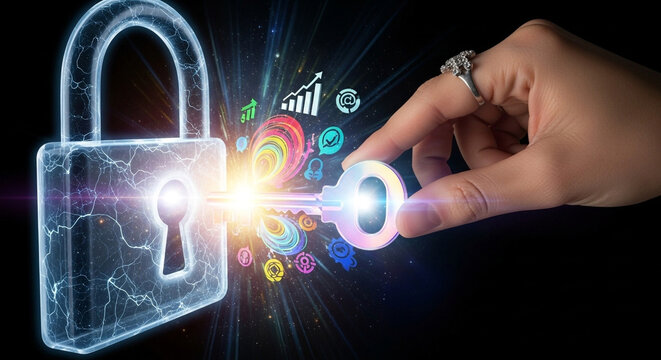 Hand holding key to unlock digital padlock with glowing icons on a dark background concept image