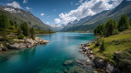 Fototapeta premium Stunning view of the Alps with snow-capped mountains, turquoise and emerald lake, clear blue sky, and fluffy clouds reflecting serene natural beauty and adventure in a tranquil landscape