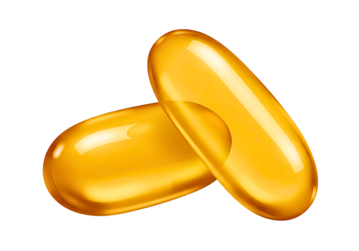 Two glossy golden oil capsules or soft gels isolated on transparent background
