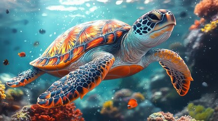 Fototapeta premium Vibrant sea turtle swimming in a coral reef environment.