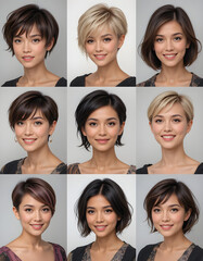 Trendy women short haircuts in professional studio portrait. Featuring pixie cuts, bobs, undercuts, and layered styles. Natural makeup, diverse ethnicities, smiling faces, clean background.
