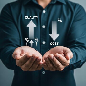 A person holds their hands as if balancing two concepts: "QUALITY" with upward arrows and percentage signs, and "COST" with a downward arrow, representing an increase in quality and a decrease in cost