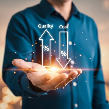 A person holds their hands as if balancing two concepts: "QUALITY" with upward arrows and percentage signs, and "COST" with a downward arrow, representing an increase in quality and a decrease in cost