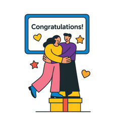Vector illustration of a happy couple hugging on top of a gift box, with a Congratulations! sign in the background. Celebration of love, joy, or achievement.